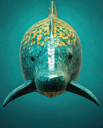 3D Illustration of a whale made of glass on a blue backgroundの素材