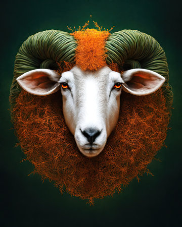 Portrait of a sheep with orange hair on a green background.の素材