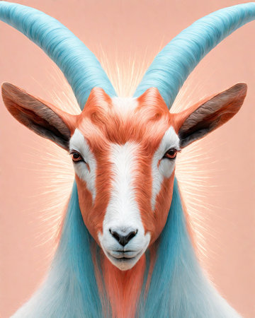Portrait of a goat with blue hair on a pink background.の素材