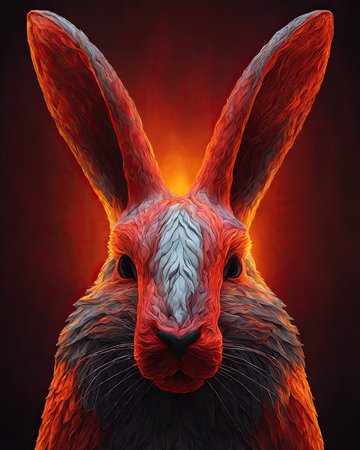 Rabbit head in fire. 3D illustration. Red background.の素材