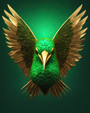 Green bird with golden wings on green background. 3D illustration.の素材