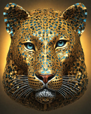 Fantastic animal leopard portrait. 3D illustration. Yellow background.の素材