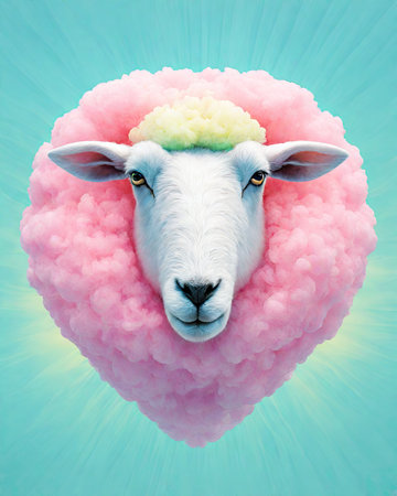 Funny sheep in a pink cloud like a heart on blue backgroundの素材