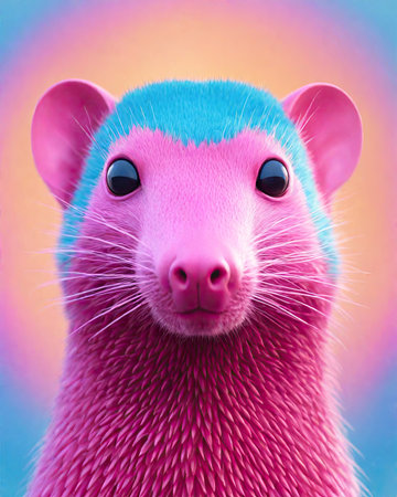 Funny pink mouse with blue eyes on colorful background. 3d renderingの素材
