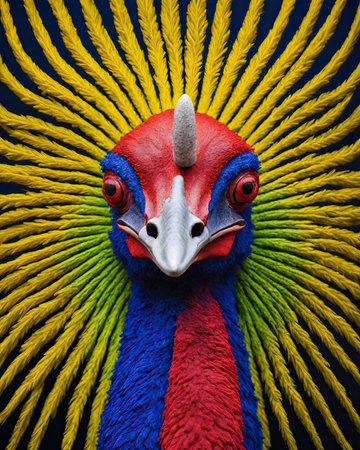 Colorful peacock head on a dark background. Close-up.の素材