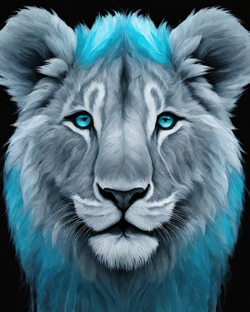 White lion with blue hair on a black background. 3d renderingの素材