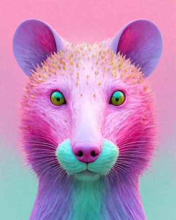 Portrait of a pink fox with green eyes on a pink backgroundの素材