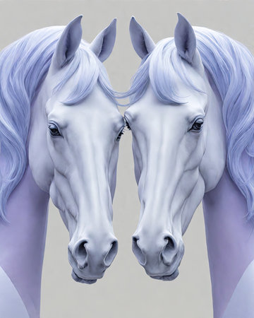 Two white horses heads with purple mane on a gray background.の素材