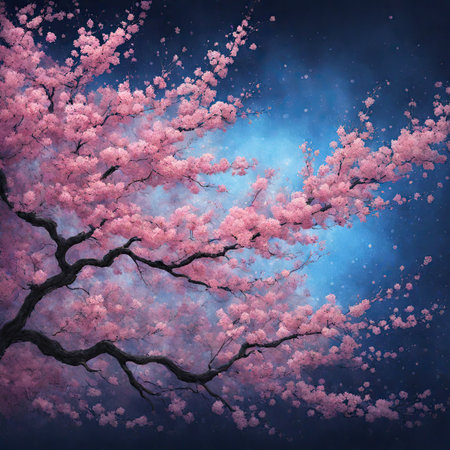 cherry blossom in the night sky. 3D illustration.の素材