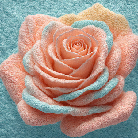 close up of a pink rose on a soft blue towel, top viewの素材