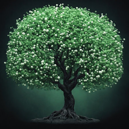 Green tree with white balls in the shape of a heart on dark backgroundの素材