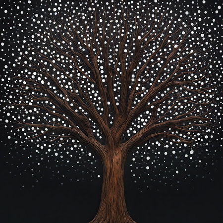 Illustration of a tree on a dark background with snowflakesの素材