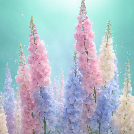 Blue and pink delphinium flowers on a blue background.の素材
