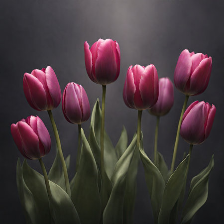 Bouquet of pink tulips on a dark background. Toned.の素材