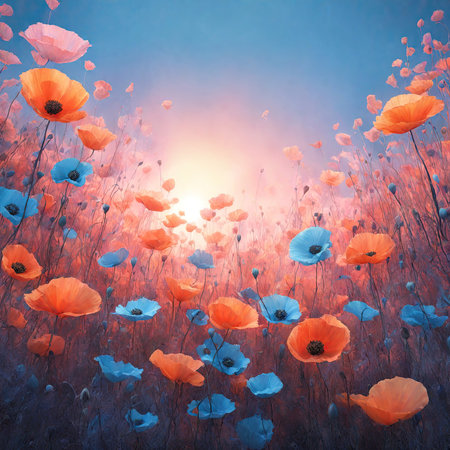 poppies field on blue sky background. 3d illustration.の素材