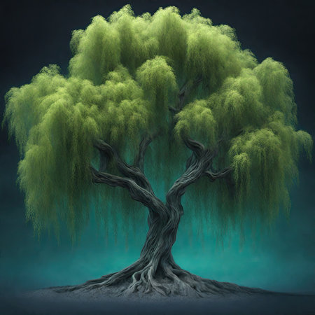 Conceptual green old willow tree or weeping willow isolated on dark backgroundの素材