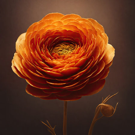 Beautiful orange ranunculus flower on dark background. Toned.の素材
