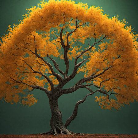 Autumn tree with yellow leaves on dark green background, 3d renderの素材