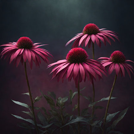 3d rendering of coneflower flowers in dark foggy backgroundの素材