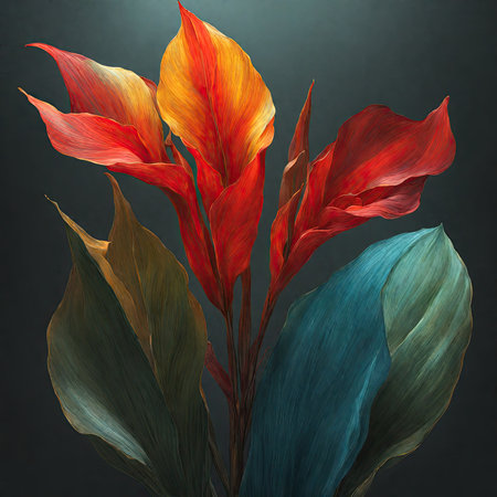 Beautiful red and blue leaves of anthurium on a dark backgroundの素材