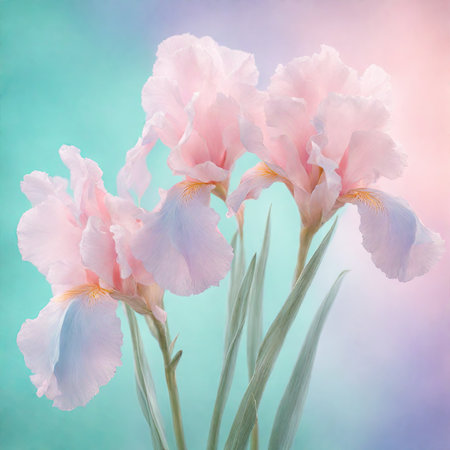 Beautiful iris flowers on a blue background. Soft focus.の素材