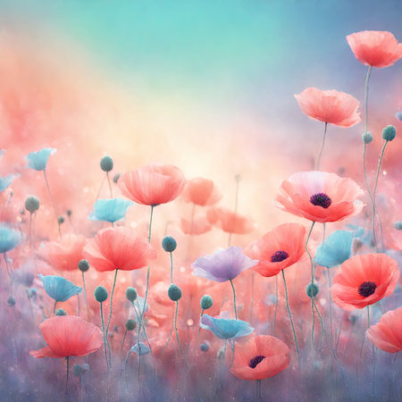 poppies in the meadow. soft focus. retro styleの素材