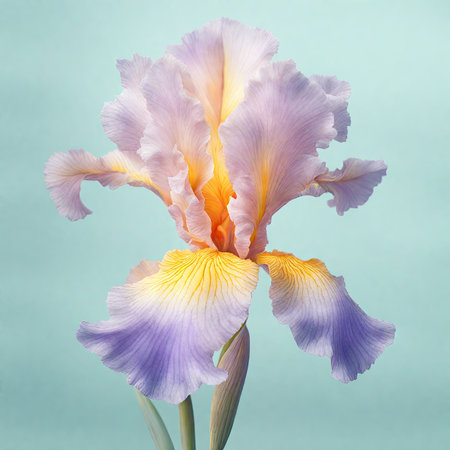 Beautiful iris flower on a blue background. Toned.の素材