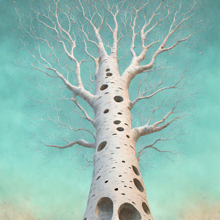 White tree with holes in the ground, 3d illustration, verticalの素材