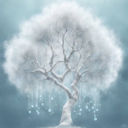 White tree with snow and icicles on blue background. 3D renderingの素材