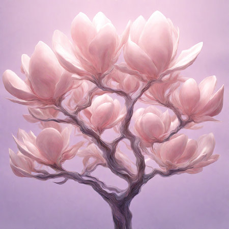 Pink magnolia tree on a lilac background. Digital painting.の素材