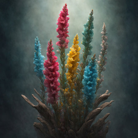 3d rendering of a bunch of colorful flowers on a dark backgroundの素材