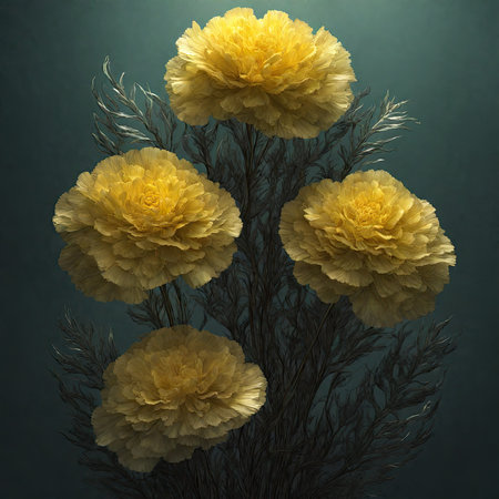 3D render of a bouquet of yellow flowers on a dark backgroundの素材