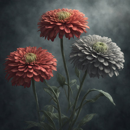 Three red and gray chrysanthemums on a dark backgroundの素材