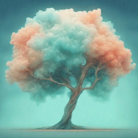 Tree made of smoke on a blue background. 3D illustration.の素材