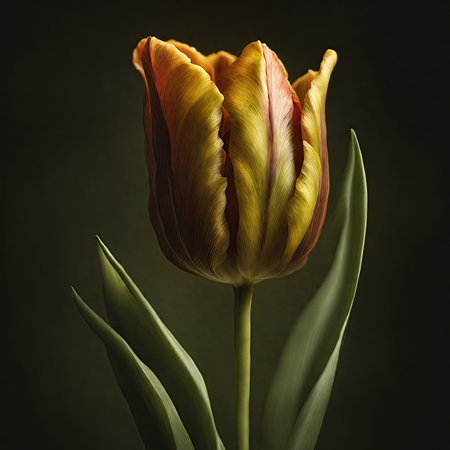 Beautiful tulip flower on dark background. Toned image.の素材
