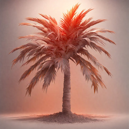 Tropical palm tree on sunset background. 3D illustration.の素材