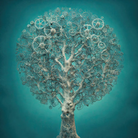 Abstract tree with gears and cogwheels on blue background. 3D renderingの素材