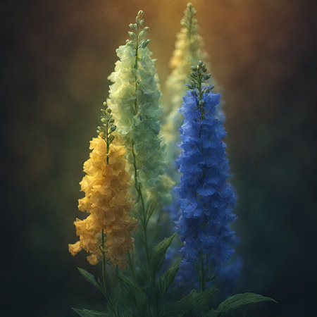 Beautiful blue and yellow delphinium flowers in the summer gardenの素材
