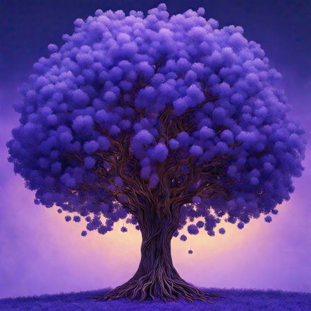 Beautiful purple tree on the meadow. 3D illustration.の素材