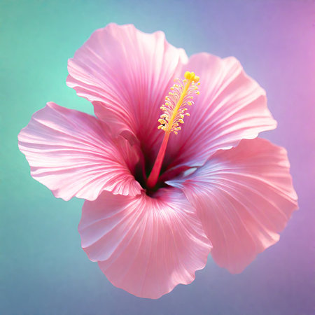 Pink hibiscus flower on a blue background with copy spaceの素材