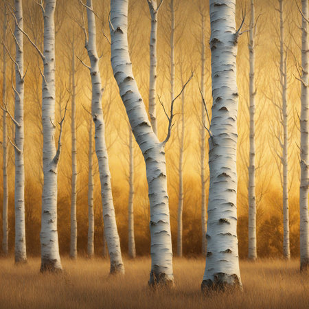 birch forest at sunset in autumn, 3d render illustrationの素材