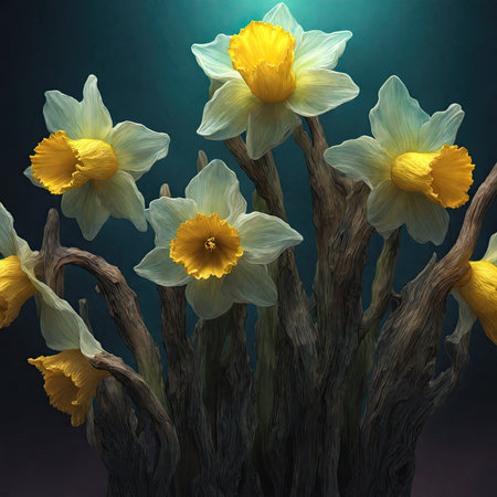 Narcissus flowers on dark background. 3D illustration.の素材