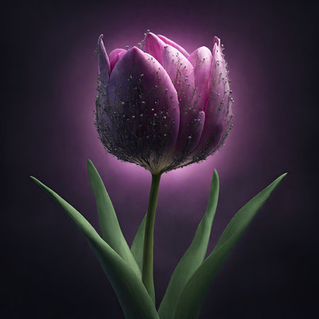 Purple tulip flower with dew drops on petals, 3d illustrationの素材