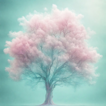 Tree with pink and white clouds on blue background. 3D renderingの素材