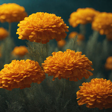 Beautiful orange marigold flowers on a dark blue background.の素材