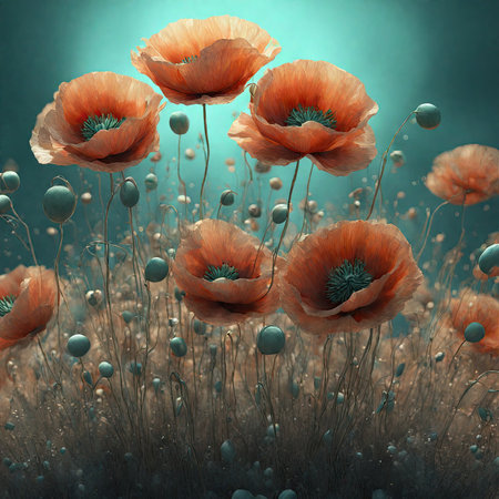poppies in the meadow. 3d illustration of poppiesの素材
