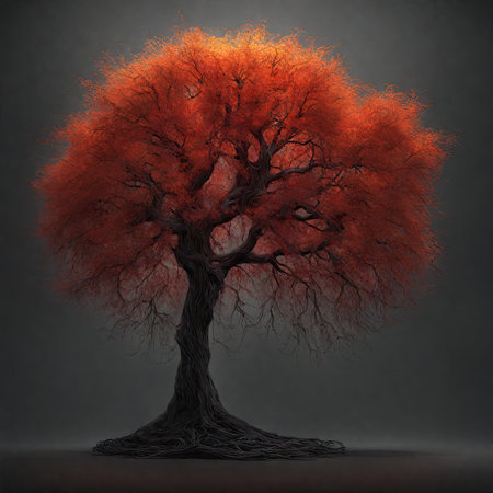 Autumn tree with red leaves, 3d render on grey backgroundの素材