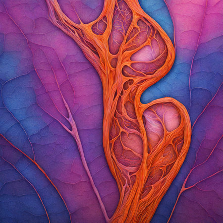 Abstract illustration of a leaf with orange veins on blue background with copy spaceの素材