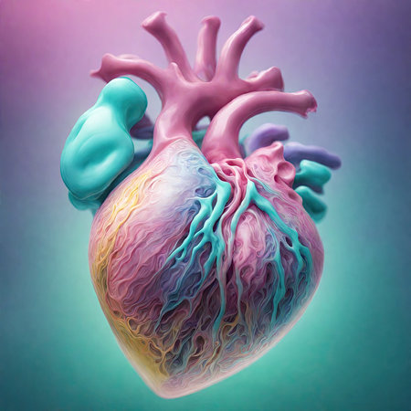 Human heart anatomy, 3d illustration, horizontal, over colored backgroundの素材