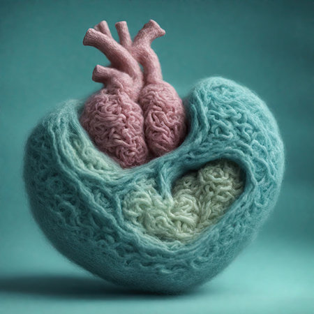 Heart made of woolen yarn on turquoise background, conceptual imageの素材